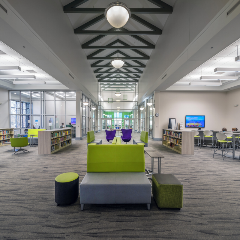 library with bold colors and high vaulted cielings.